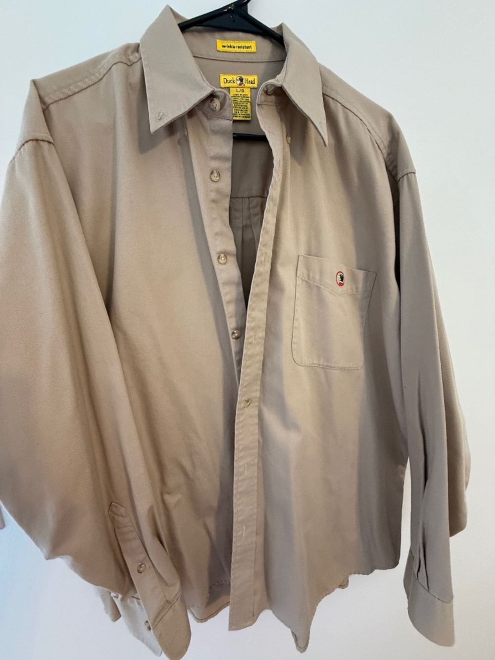 Duck Head Men’s Large Khaki Button Down Shirt 100% Cotton Embroidered Duck Logo